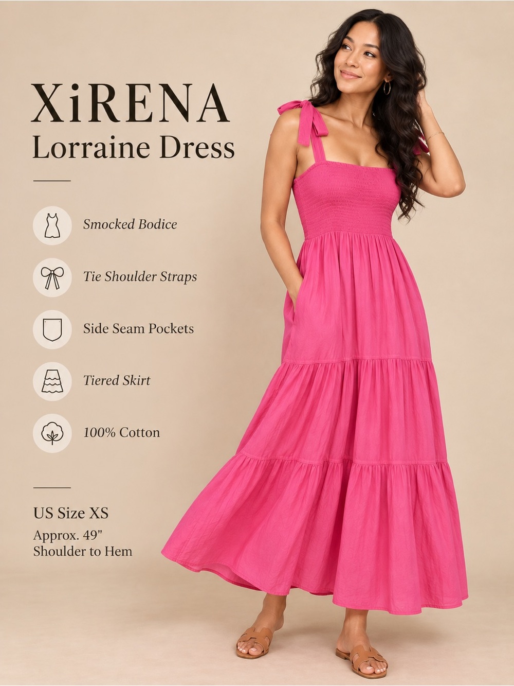 XiRENA Lorraine Pink Smocked Tie Strap Cotton Maxi Dress XS